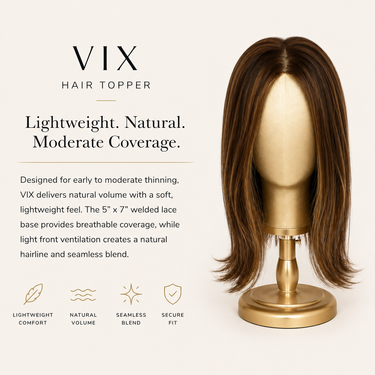 VIX European human hair topper by Moxi Loxi, designed for lightweight coverage through the crown.