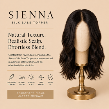 Moxi Loxi Sienna silk base topper in raw, uncolored human hair, shown from the crown with a silk base that conceals knots for a realistic scalp appearance.