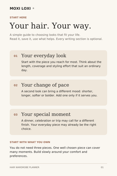 Actual first page of the included four-page Your Hair. Your Way. guide: everyday looks, a change of pace and special moments, starting with the hair you already own.