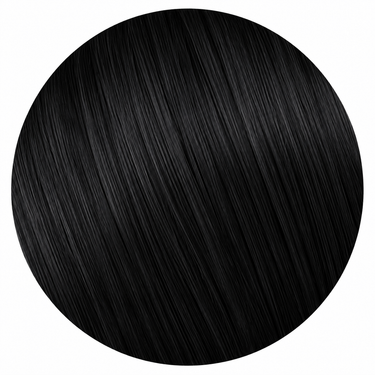 Obsidian human hair color swatch featuring a rich jet black shade with cool undertones, silky texture, and natural shine.