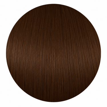 Rich Warm Brown human hair color swatch showing a solid warm brunette shade with natural dimension, silky texture, and healthy shine.