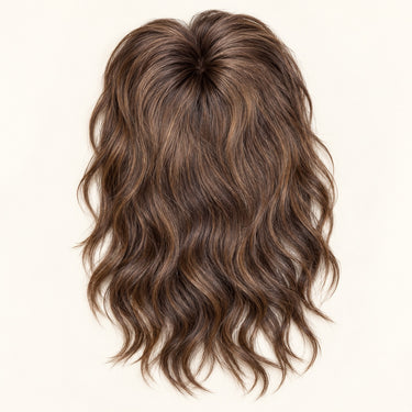 ROMY Remy human hair fringe topper in dimensional brunette, styled with soft face framing movement