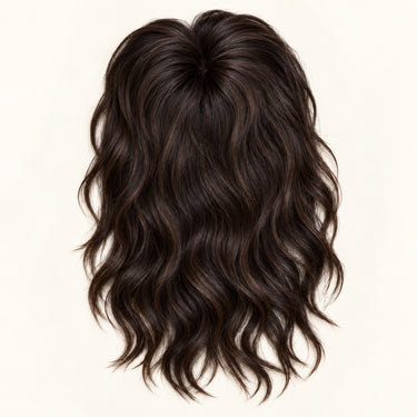 ROMY human hair fringe topper shown in a rich dark brunette shade