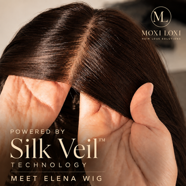 Close-up of the Moxi Loxi Elena ultra-thin Silk Veil™ Technology silk top, showcasing an exceptionally realistic scalp appearance, premium European human hair, and seamless lace front construction.
