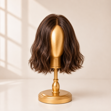 Front view of the Moxi Loxi Elena Swiss lace top wig featuring premium European human hair, soft waves, lightweight construction, and a natural hairline.