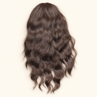 Full view of the chocolate brown wavy human hair ponytail texture