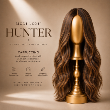 Moxi Loxi Hunter lace front silk top wig. Cappuccino, long straight European human hair styled in waves, 22 inches
