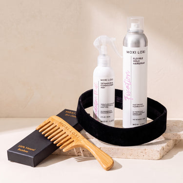 MOXI LOXI Daily Wig Essentials with Foundation Mist, Fixation, Eco Comb, and Velvet No Slip Wig Band.