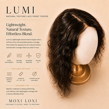 Moxi Loxi Lumi lace front topper in raw human hair, shown from the front with natural texture through the lengths.
