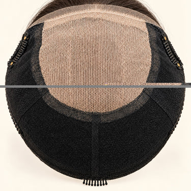 Interior detail of the Moxi Loxi Lumi topper showing the lace front, silk top and lightweight mesh base.