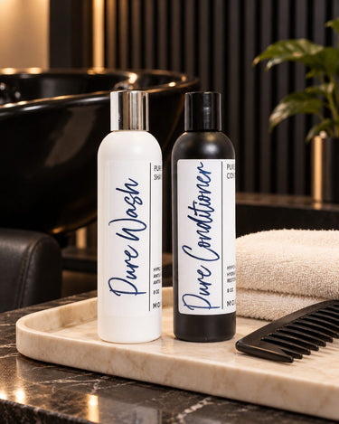 Moxi Loxi Pure Care Duo with 8 oz Pure Wash and Pure Conditioner at a modern salon care station