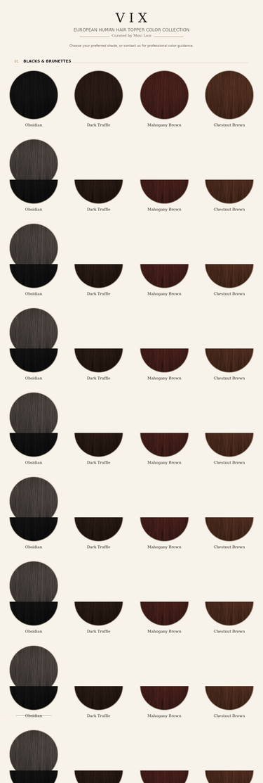 Moxi Loxi VIX European human hair topper color collection showing 27 customer-facing shades as large, realistic circular human-hair swatches across brunette, blonde, auburn, silver and gray families.