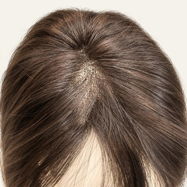Sienna silk base topper crown overview showing the natural-looking part and dimensional brown color.