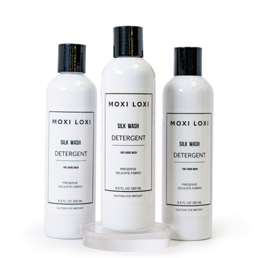 Moxi Loxi Silk Wash Detergent, a gentle cleanser formulated for silk, cashmere, cotton and linen.