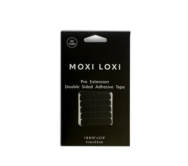 Moxi Loxi Pro Extension double-sided adhesive tape, five sheets of twelve pre-cut clear tabs for securing tape-in hair extensions for three to five weeks.