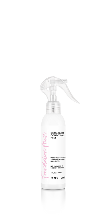 Moxi Loxi Foundation leave-in detangler and conditioner mist, a 4 fl oz weightless formula with aloe, green tea and horsetail extract, safe for wigs, toppers and extensions.