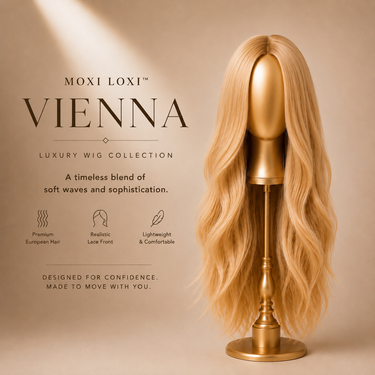 Moxi Loxi Hunter wig in Vienna showcasing multi-dimensional blonde color with soft highlights, premium European human hair, lace front, and silk top construction.