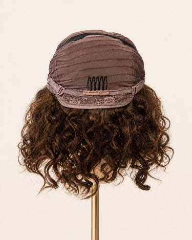 Moxi Loxi Sample Piece completely wefted cap, upright rear three quarter construction view.
