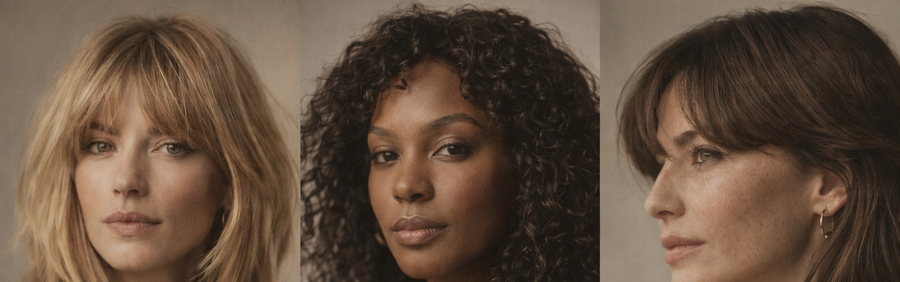 Three women with different hair colours and textures, side by side.