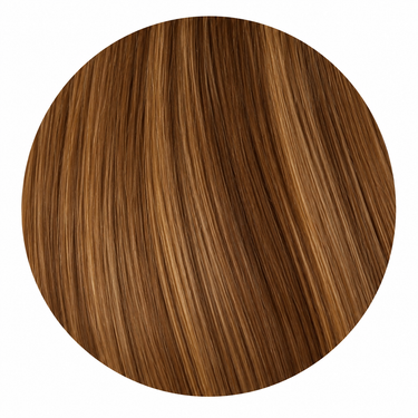 Caramel Veil human hair color swatch featuring a warm caramel brown base with soft golden dimension and natural shine.