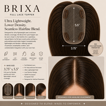 Brixa ultra lightweight full lace hair topper by Moxi Loxi, with a low-density base for seamless hairline blending.