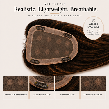 VIX topper showing its breathable 5 × 7-inch welded lace base, multidirectional movement and pressure-sensitive clips.
