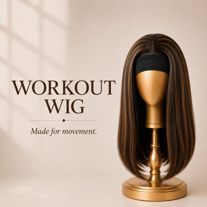 Moxi Loxi Workout Wig in 16 inch remy human hair, shown with the adjustable spandex headband across the front hairline.