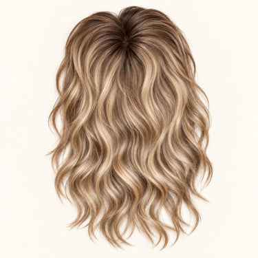ROMY human hair fringe topper shown in a rooted blonde shade