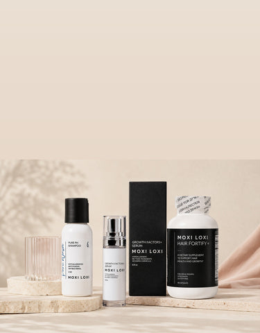 Pure Wash, Growth Factors+ Serum, and Hair Fortify+ arranged as the MOXI LOXI guided scalp regimen for mobile.