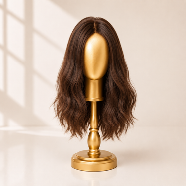 Moxi Loxi Elena Swiss lace top human hair wig displayed on a gold mannequin stand, showcasing a lightweight lace top, naturally light density, and premium European human hair.