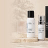 Pure Wash, Growth Factors+ serum, and Hair Fortify+ arranged as a three step scalp care regimen.