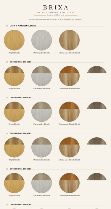 Moxi Loxi Brixa full lace topper color collection showing 14 customer-facing shades as large, realistic circular human-hair swatches.