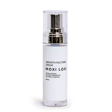 Moxi Loxi Growth Factors+ Peptide Hair Growth Serum for thinning hair featuring 6 growth factor peptides, amino acids, botanical extracts, and medical-grade nutrients to support healthier, fuller-looking hair.