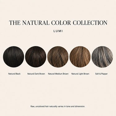 Moxi Loxi Lumi natural color collection chart showing Natural Black, Natural Dark Brown, Natural Medium Brown, Natural Light Brown and Salt & Pepper.