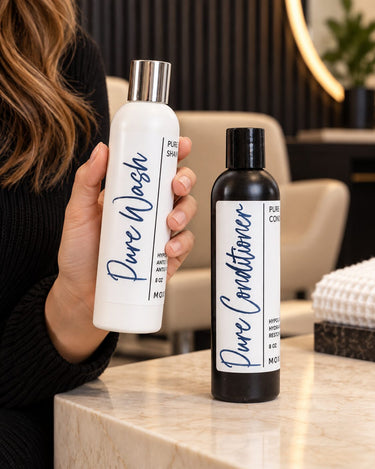 Moxi Loxi Pure Care Duo with 8 oz Pure Wash and Pure Conditioner in soft natural salon light