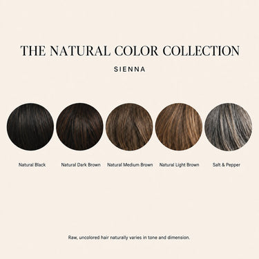Moxi Loxi Sienna natural color collection chart showing Natural Black, Natural Dark Brown, Natural Medium Brown, Natural Light Brown and Salt & Pepper.