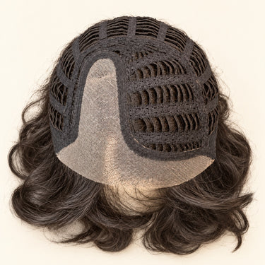 Inside view showing the wig's monofilament part, extended lace front, and open-wefted cap.