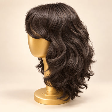 Soft curly dark brunette synthetic sample wig shown from a three-quarter side view.