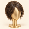 VELA petite lightweight European human hair topper styled on a gold display head
